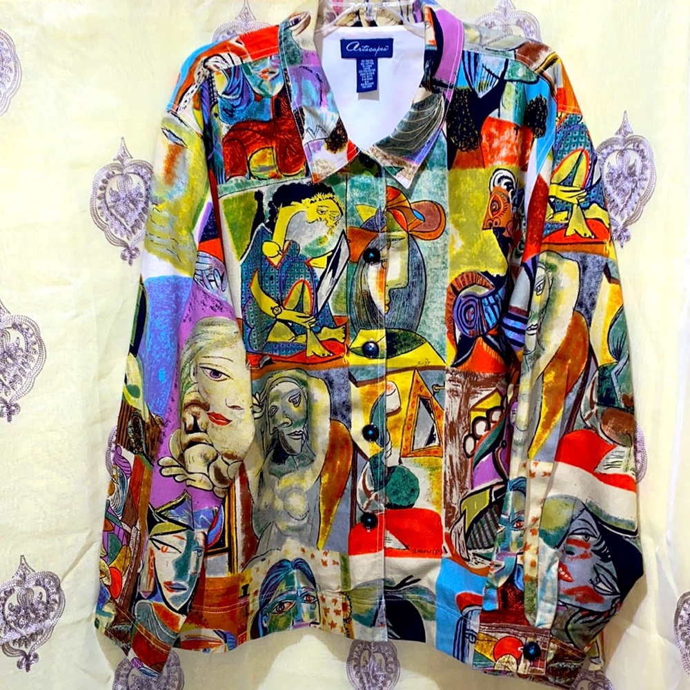ARTSCAPES MULTI-COLORED 5-BUTTON ART DECO PRINT OVERSIZED SHIRT-JACKET SZ 2X